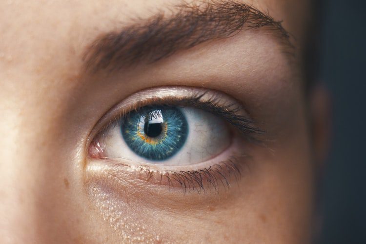 A close up of a woman's blue eye