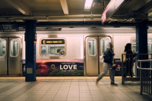 A subway train with the doors closed