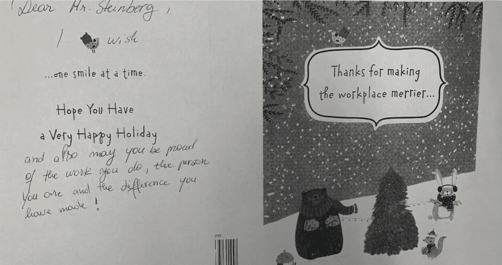 New York lawyer Edward Steinberg shows his appreciation for a handwritten card a colleague wrote for him.